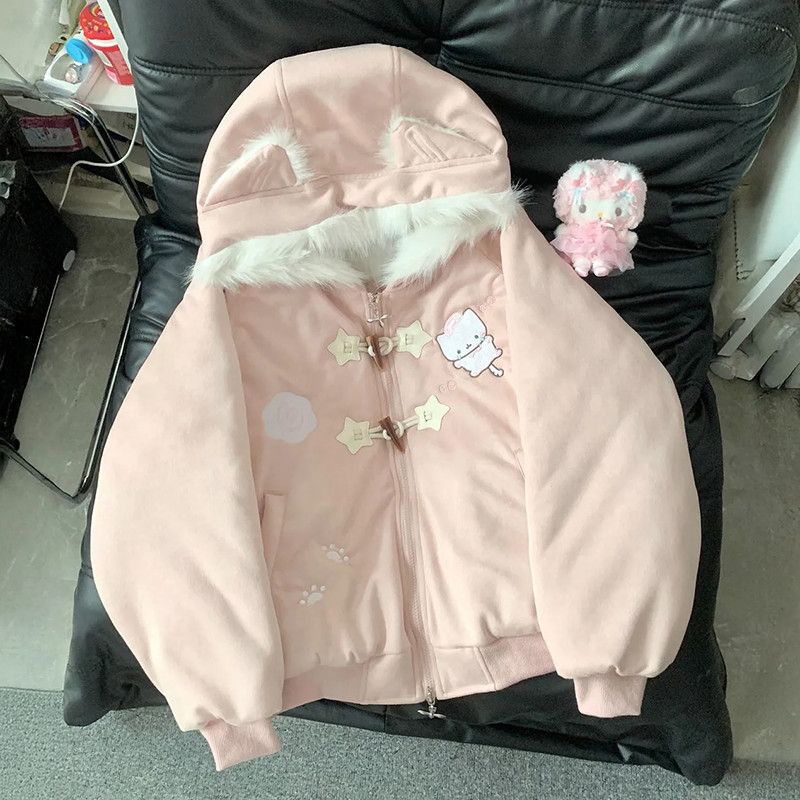Parka Lolita brodée de dessin animé Style Preppy japonais pour femme, manteau à capuche en fourrure, Patchwork, Harajuku Y2k, vêtements chauds d'hiver