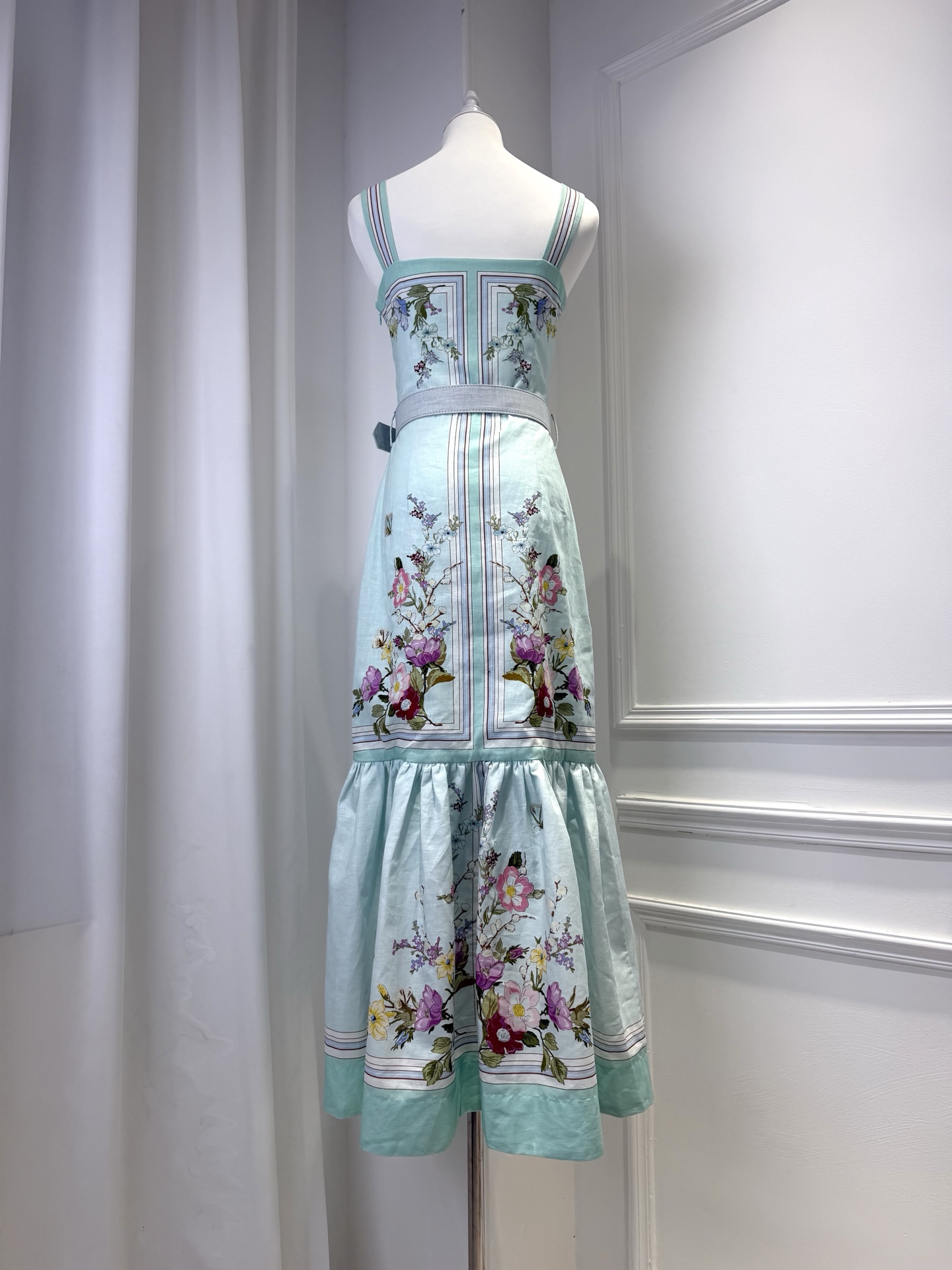Robe longue à imprimé floral pour femmes, mélange de coton, col carré, sans manches, taille haute, robe décontractée pour femmes avec ceinture