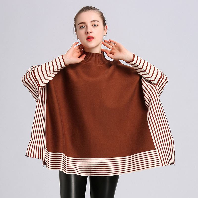 Poncho à col roulé pour femme, pull à manches chauve-souris rondes, châle pour femme, automne, hiver, printemps, nouveau
