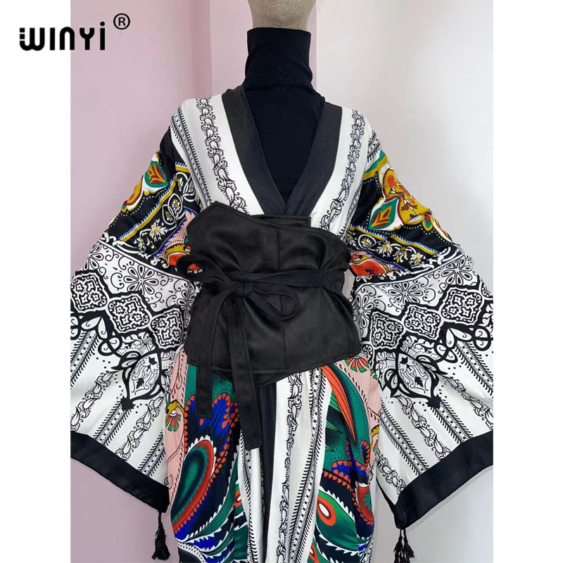 WINYI 2022 Robe chemise mi-longue pour femmes, style kimono, mode vintage, imprimé floral totem, ceinture à la taille, manches longues, décontractée, coupe ajustée, vestidos