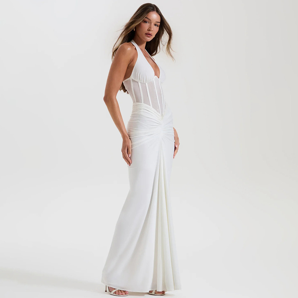 Robe longue blanche élégante pour femmes, col licou, décolleté en V profond, dos nu, maille noire froncée, Maxi, soirée, Cocktail, été