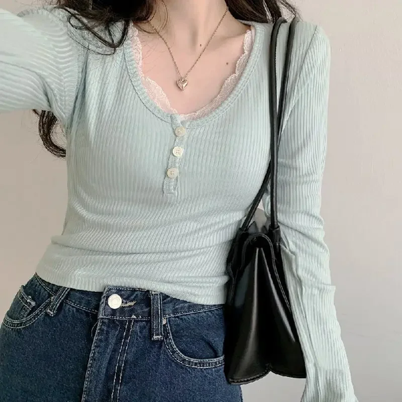 T-shirts à manches longues pour femmes, Slim, boutons en dentelle, Kawaii, Y2k, hauts décontractés, pulls, nouvelle collection printemps 2024