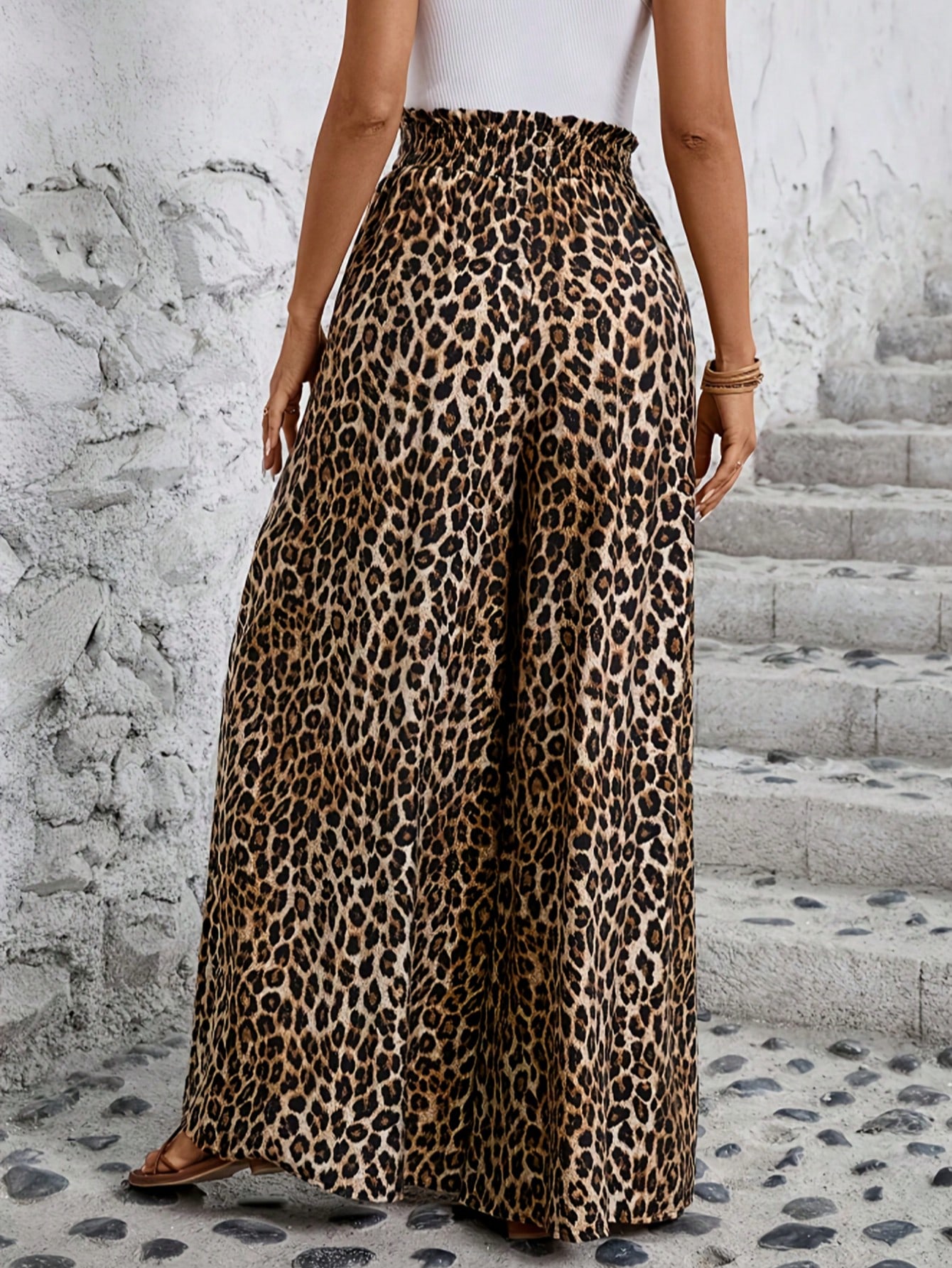 Vêtements pour femmes, style décontracté, adaptés à toutes les saisons, motif léopard, taille haute confortable, taille élastique, pantalon à jambes larges.