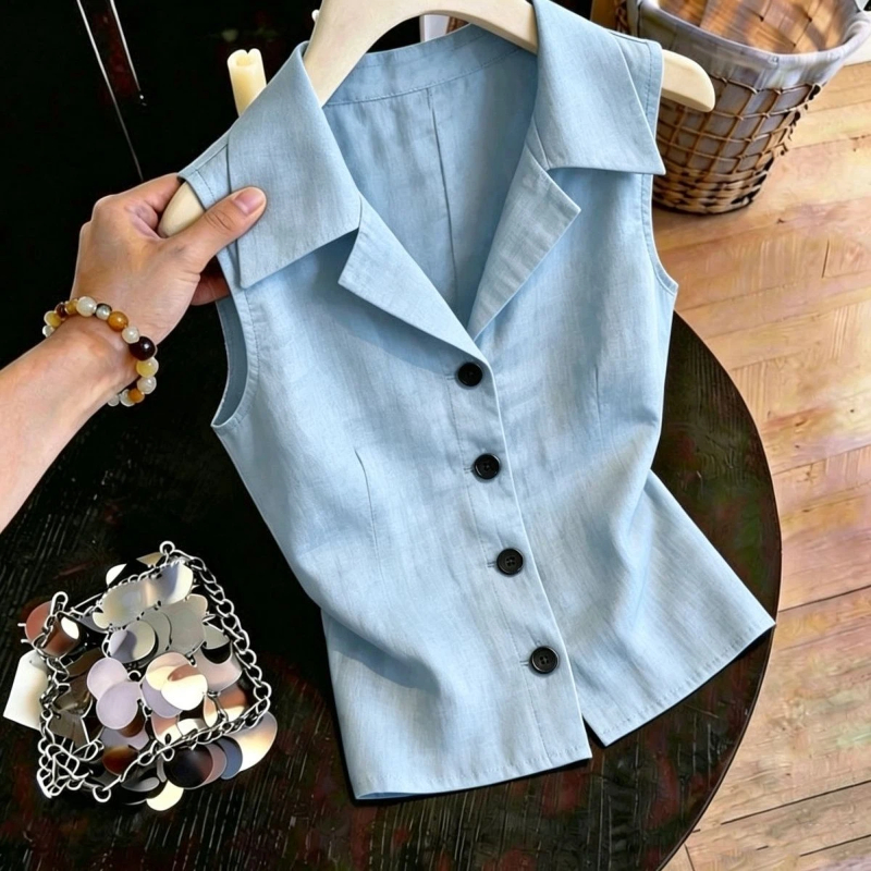 Nouvelle Blouse Élégante Sans Manches pour Femme, Coupe Slim, Boutonnée, Unie, Simple et Polyvalente, Mode Été, Idéale pour le Bureau