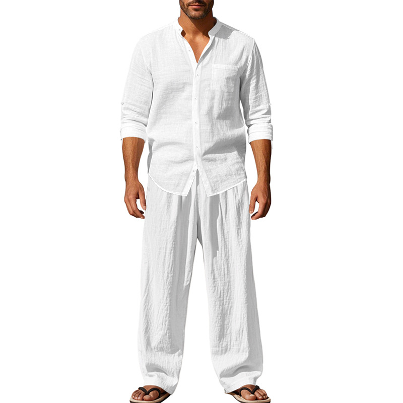 Survêtement 2025 saisons lin hommes décontracté ample respirant à manches longues pantalon chemise plage ensemble en Stock vêtements masculins grande taille