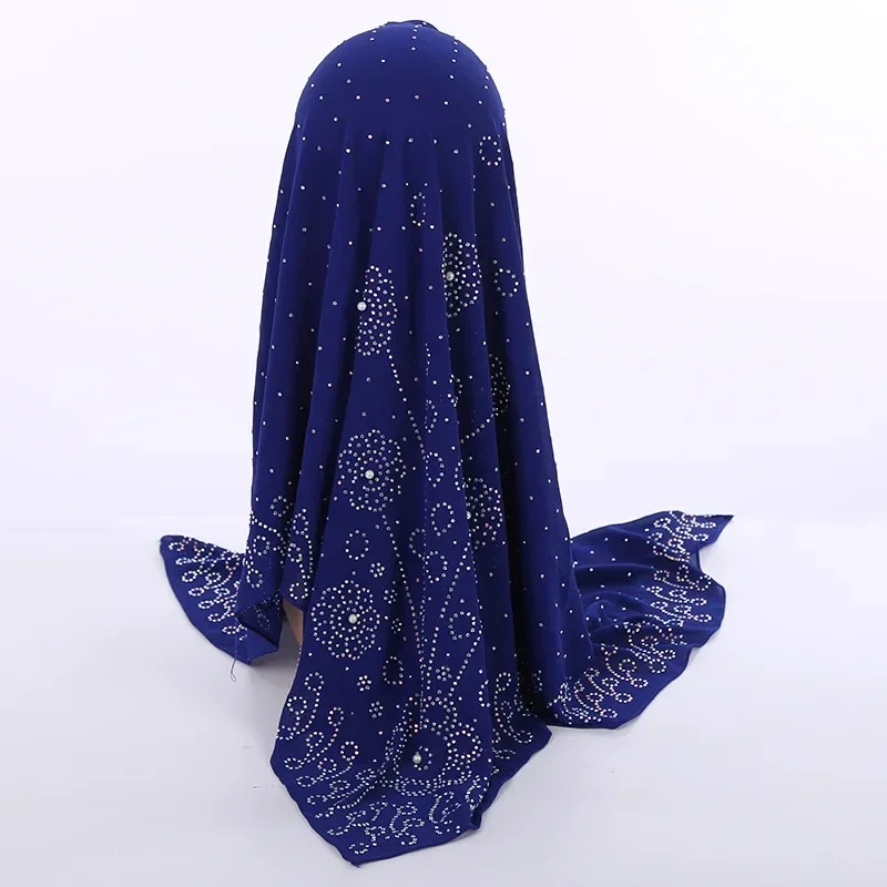 Foulard carré en mousseline de soie perlée 105x105cm, turban musulman orné de cristaux, foulard islamique avec épingle offerte