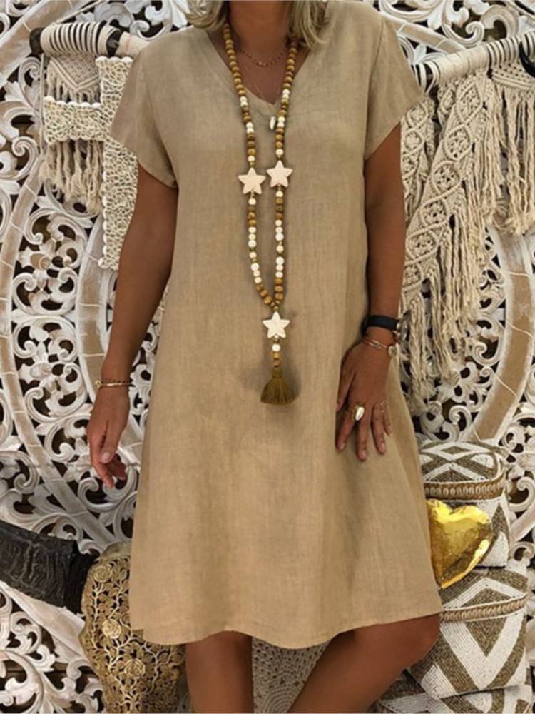 Mode Boho coton lin robes femmes été 2024 col en v à manches courtes Midi décontracté robe ample femme robe de rue robes