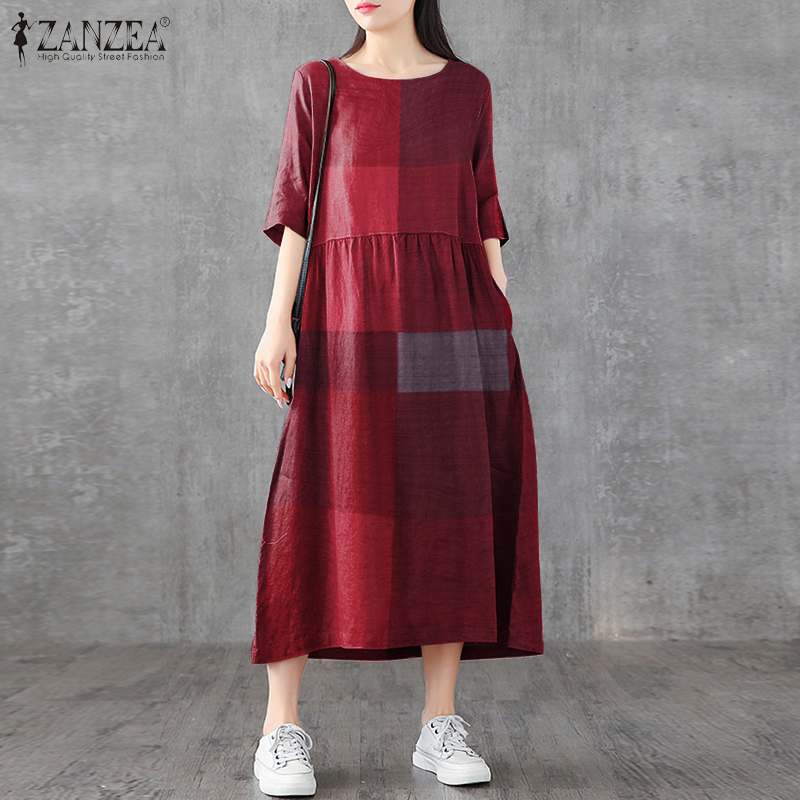 ZANZEA – Robe mi-longue à carreaux pour femmes, Vintage, décontractée, en coton et lin, à la mode, col rond, surdimensionnée, été, 2023