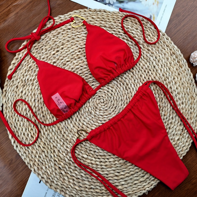 Ensemble de bikinis deux pièces pour femmes, haut de bikini triangle à nouer, bas de maillot de bain brésilien à nouer