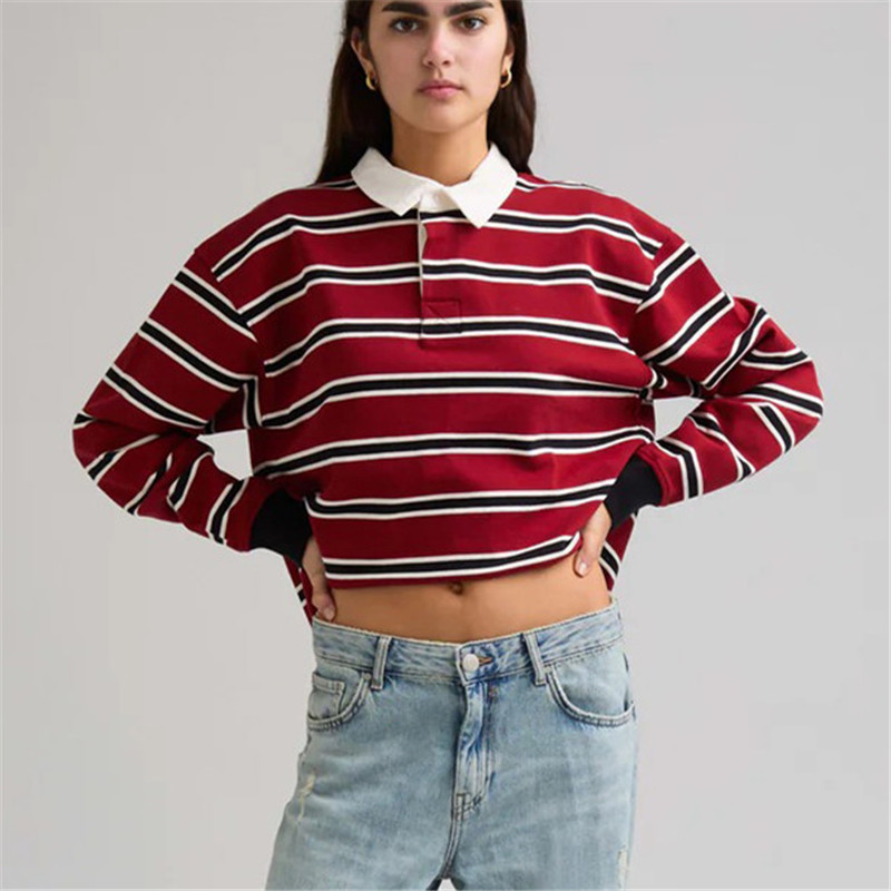 T-shirts rayés pour femmes hauts à manches longues col rabattu rue femmes T-shirts Preppy hauts pullover sweat-shirt esthétique