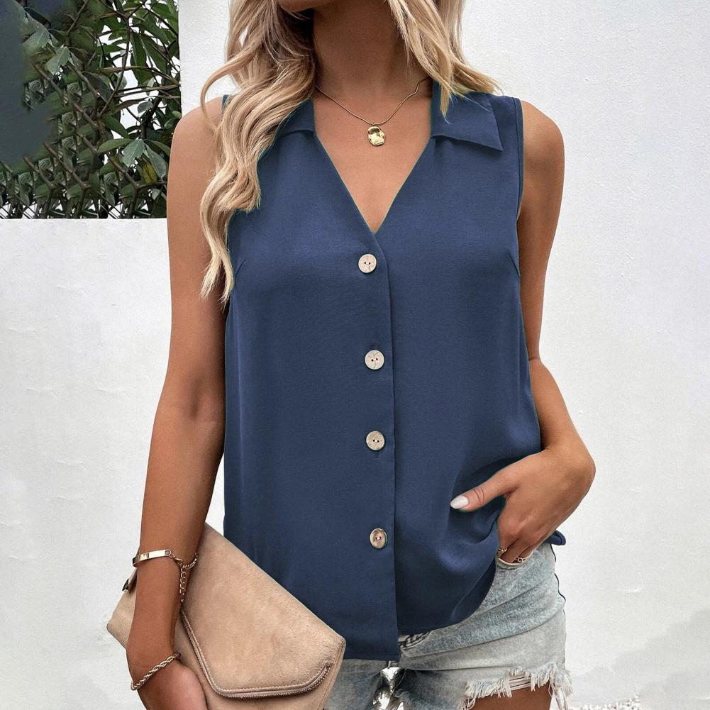 T-Shirt d'été pour femmes, débardeur décontracté, surdimensionné, col en v, sans manches, boutons, simple boutonnage, mi-long, chemises pour femmes