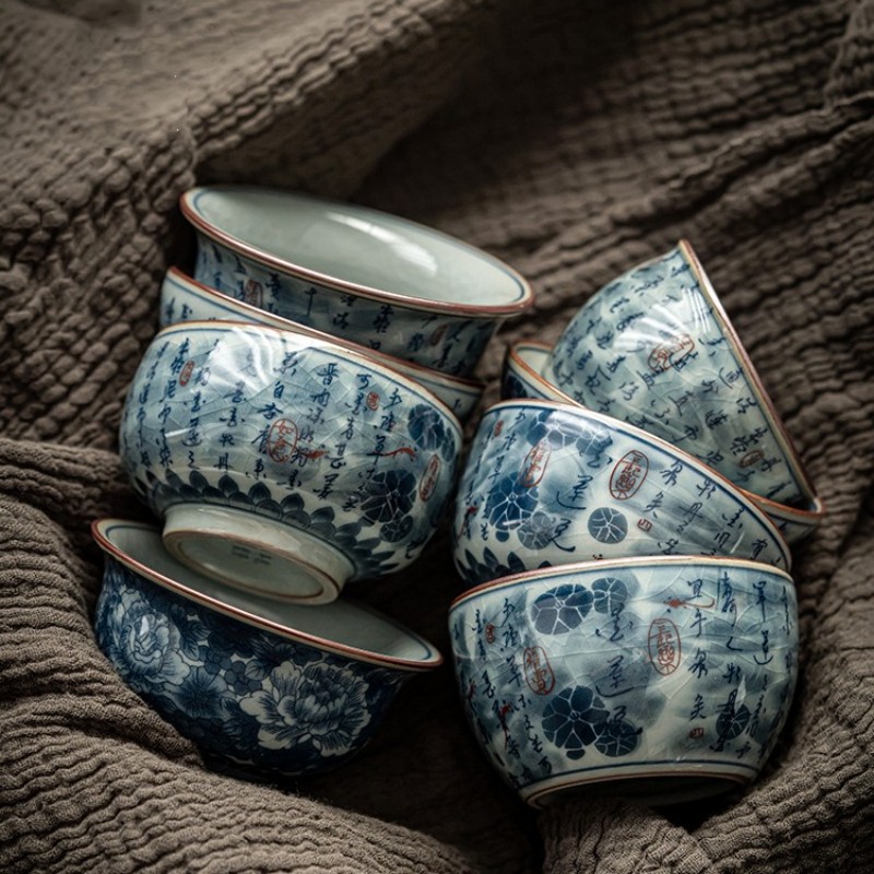 Ensemble de belles tasses à thé de calligraphie chinoise antique, service à thé, tasses de poisson vintage, tasse à thé de cérémonie du thé
