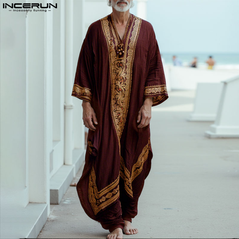 Jubba Thobe pour Hommes, Imprimé Patchwork, Col en V, Manches Longues, Robes Musulmanes, Kaftan Ample, 2026, Caftan Arabe Casual pour Hommes, Abaya INCERUN