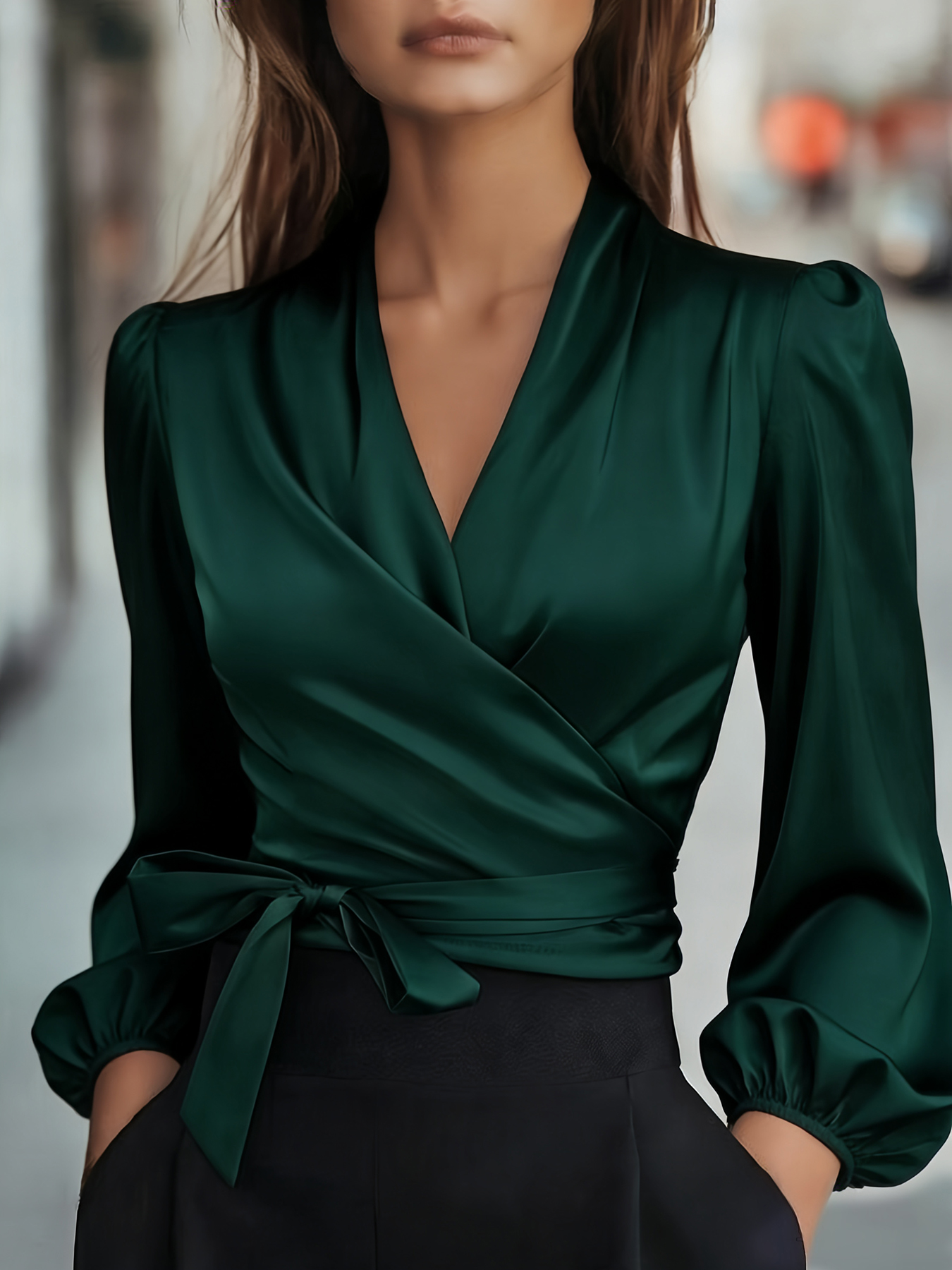 Chemisier en satin pour femme, style cache-cœur, col en V, manches longues bouffantes, taille nouée avec nœud, coupe courte