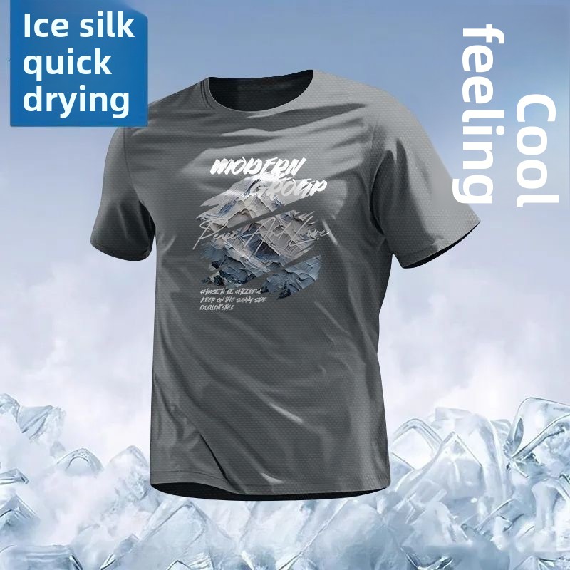 T-shirt décontracté pour homme en soie glacée à manches courtes, coupe ample, respirant, séchage rapide, protection UV, en fibre de polyester, idéal pour l'été