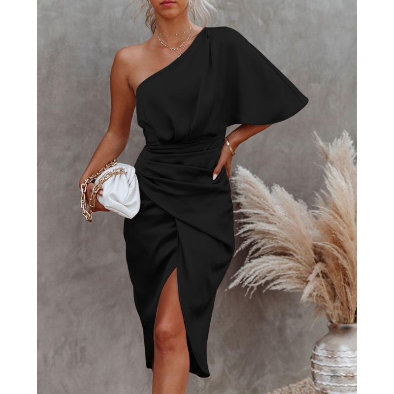 Robe longue froncée en Satin pour femmes, asymétrique, épaule dénudée, manches chauve-souris, moulante, mi-longue, asymétrique, portefeuille, robe de Cocktail