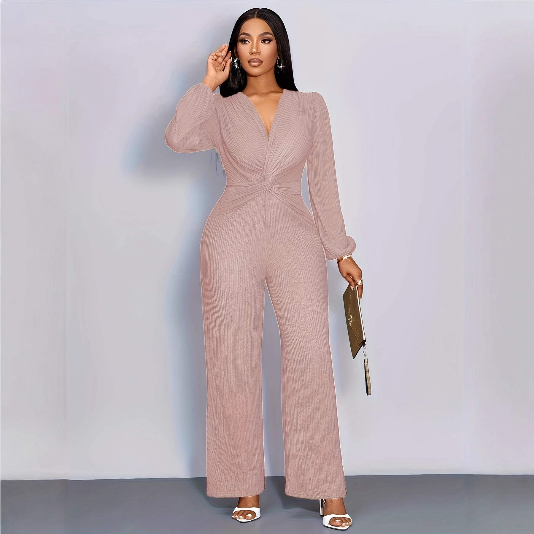 Combinaison en maille côtelée pour femme, col en V profond, taille torsadée, manches longues bouffantes, pantalon large taille haute, élégante pour soirée, fête ou tenue décontractée