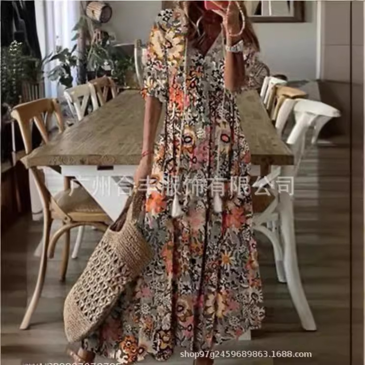 Robe longue à manches mi-longues pour femmes, ample, imprimé bohème, col en v, vêtements, nouvelle collection printemps été 2025