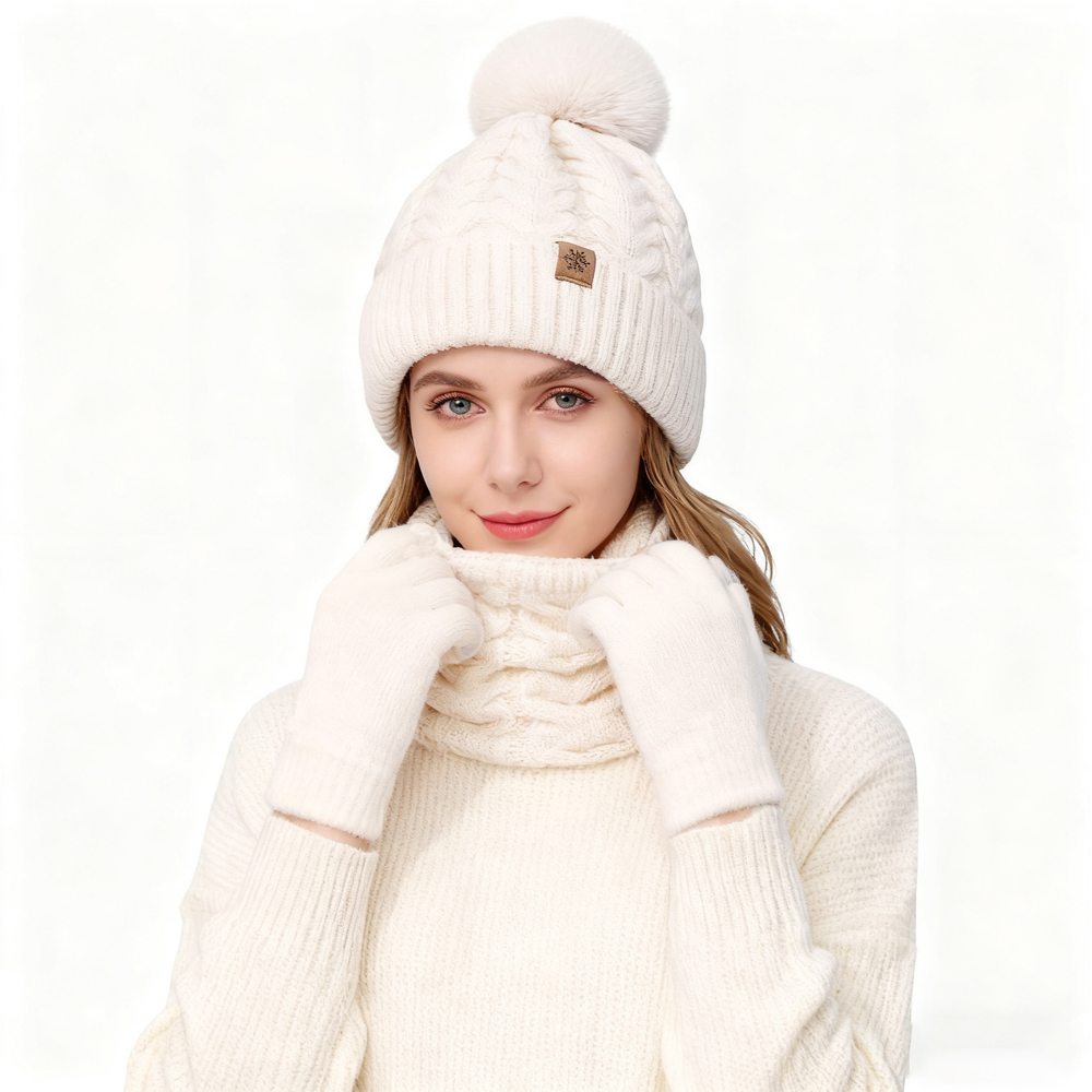 3 pièces femmes hiver chapeau écharpe gants ensemble boule de fourrure de noël adolescent bonnet cou plus chaud costume pompon tricoté femme hommes casquette ensemble
