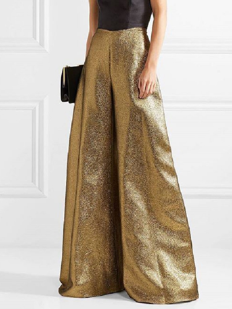 Pantalon de fête élégant pour femmes, couleur unie, taille haute, ligne a, jambes larges, fermeture éclair, pleine longueur, pantalons décontractés