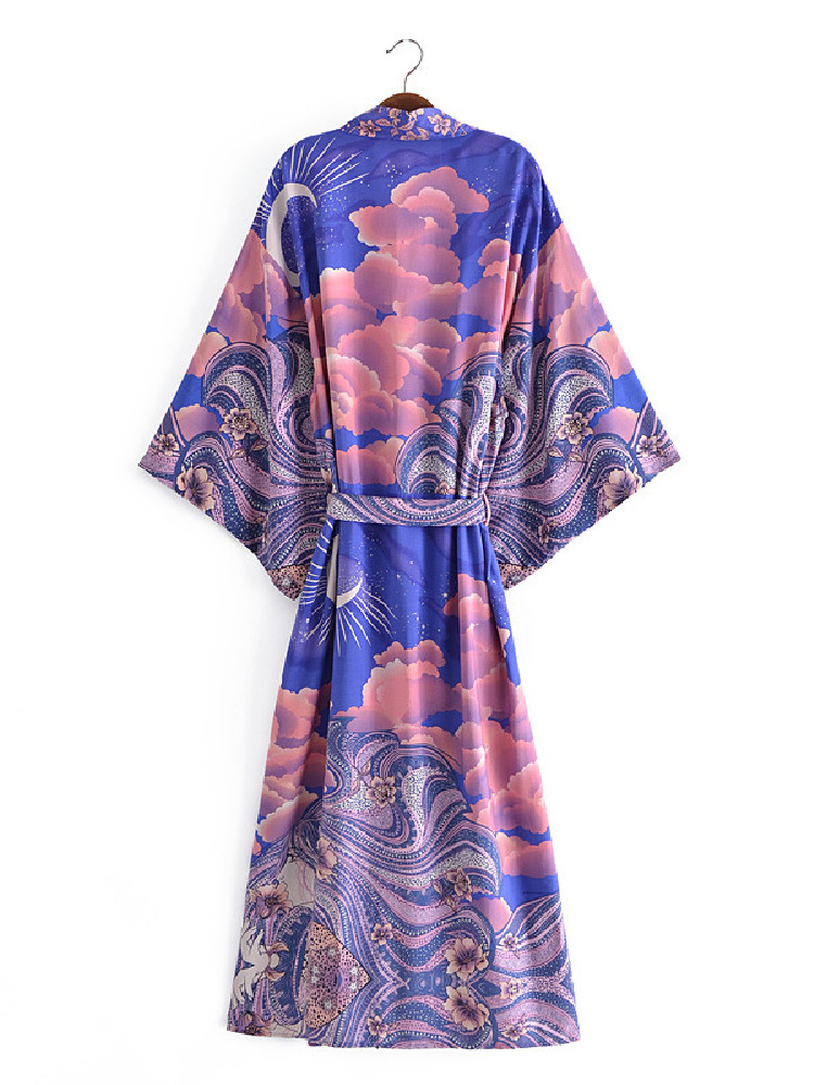 Chemisier Kimono Bohème pour Femme, Imprimé Floral et Lune Bleue, Style Plage BOHO, avec Nœuds, Cardigan Long Maxi, Blouse de Vacances