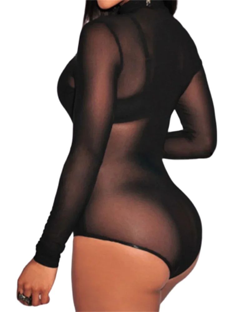 Body en maille pour femmes, manches longues, col montant, moulant, transparent, Vintage, Sexy, Clubwear, été, automne