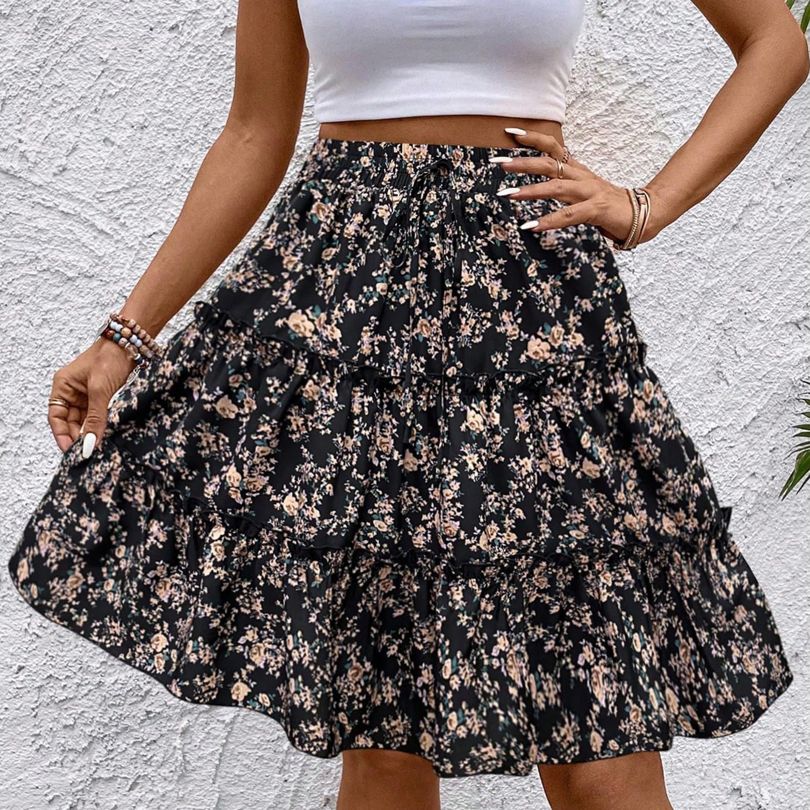 Femmes épissées ​ ​ Jupe gâteau à la mode imprimé fleuri, sangle de taille élastique, jupes décontractées polyvalentes, jupe confortable jusqu'aux genoux
