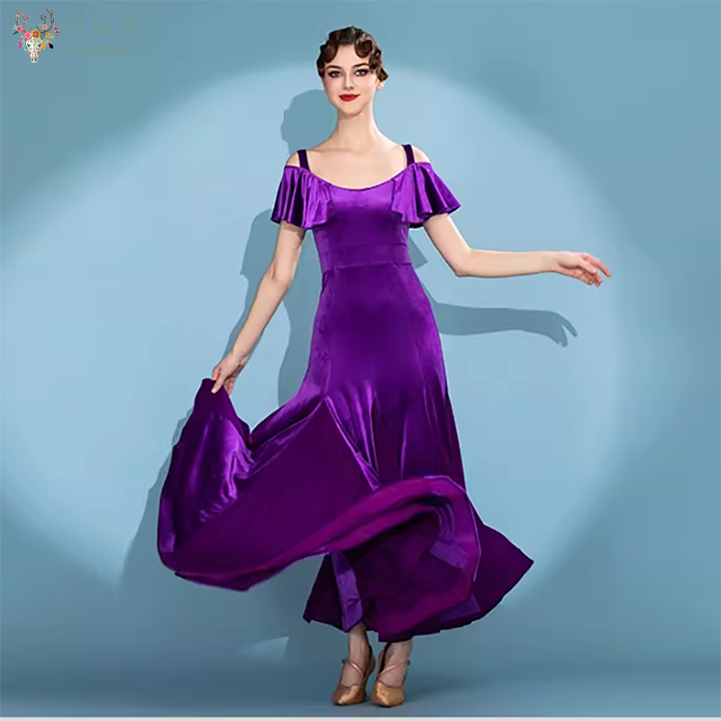 Robes de danse moderne pour femmes, robe élégante en velours violet haut de gamme, robe à grande jupe, vêtements de danse de salon pour la valse