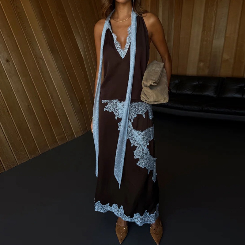 Ensemble jupe en satin élégant pour femmes, haut sans dos à col montant avec bordure en dentelle, jupe maxi asymétrique, tenue de sortie Y2k soyeuse
