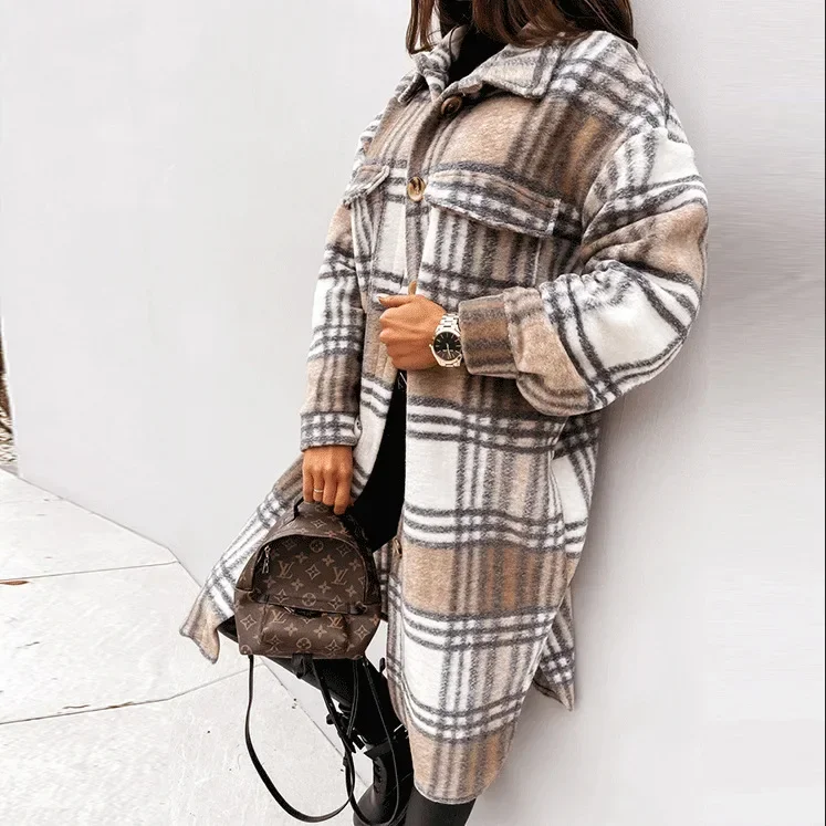 Trench-Coat à simple boutonnage, mode longue automne hiver, vêtements pour femmes, manteau à manches longues en laine à carreaux