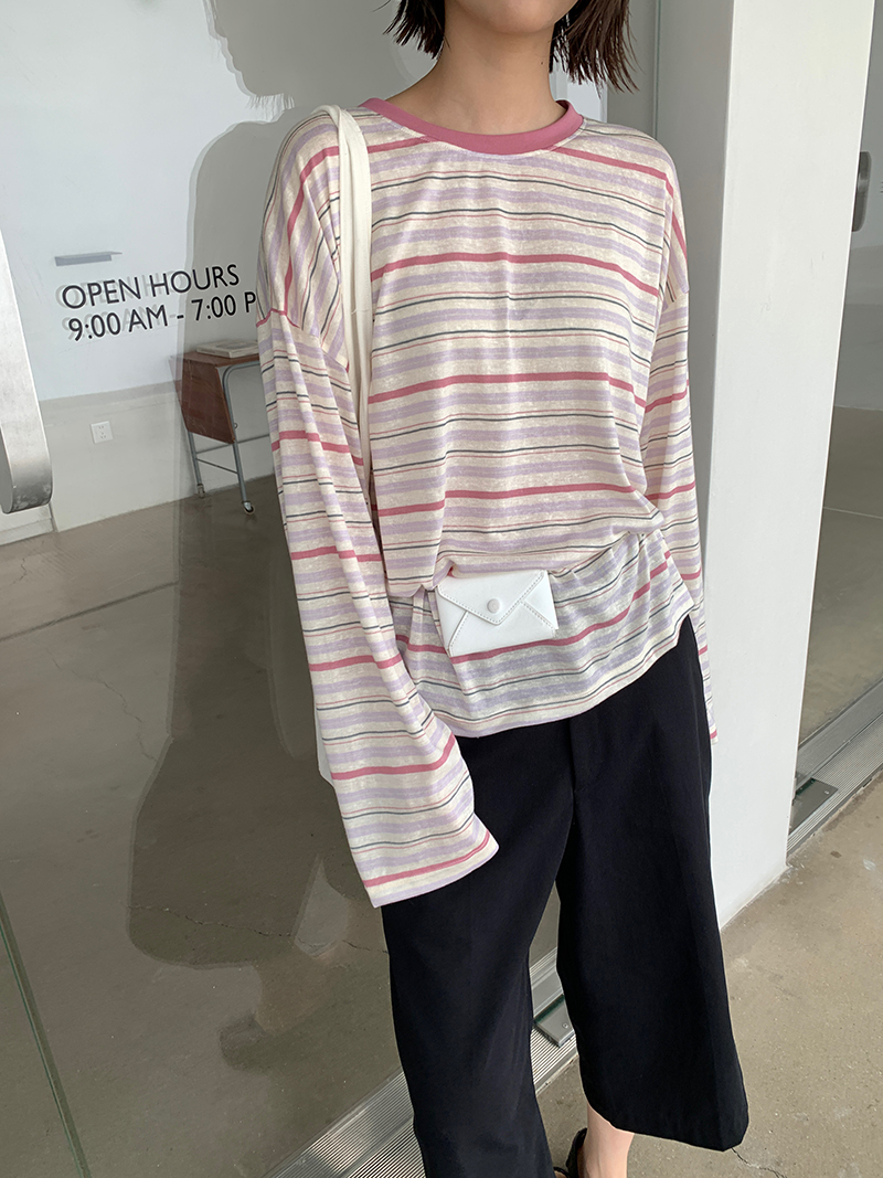 T-shirt décontracté pour femmes, printemps et été, couleur contrastée, col rond, manches longues, rayé, protection solaire