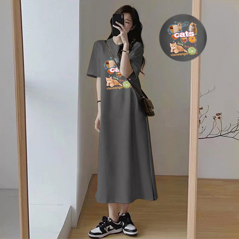 Robe longue décontractée d'été pour femmes, imprimé chats, style coréen, ample, à manches courtes, avec fentes latérales
