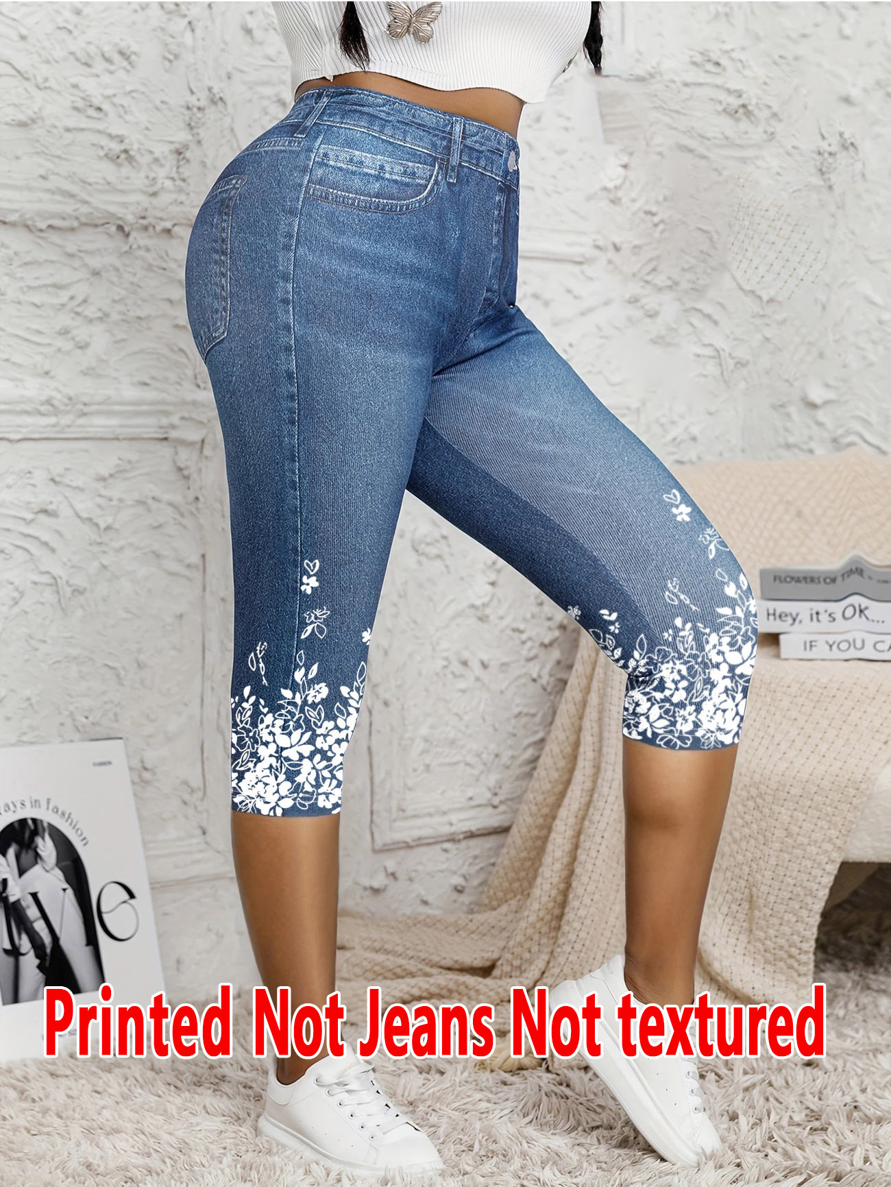 5898 [Leggings imprimés - Non en tissu denim] Leggings pour femmes à sept points avec un imprimé imitation denim, pantalon moulant