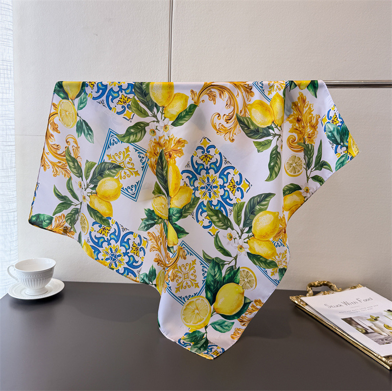 Nouveau Foulard Carré Imprimé Citron 2026, en Satin Doux Imitation Soie, pour Femmes, Bandanas, Hijab, Foulard de Cou, Châle Élégant