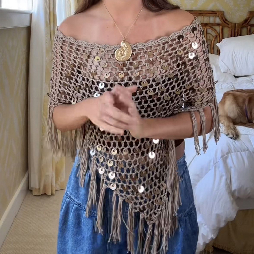 Hauts cache-cœurs en tricot à franges pour femmes, ornés de paillettes brillantes, ajourés, en crochet, style boléro, châle, poncho, coupe ample, décontractés, pour la plage