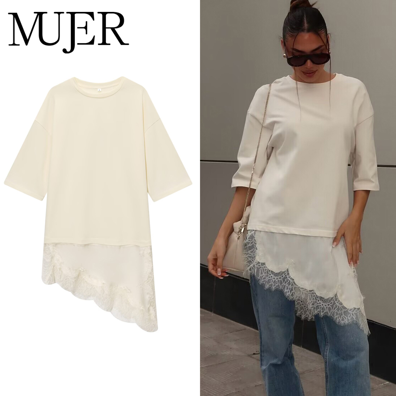 MUJER Polo dentelle femmes T-shirt asymétrique débardeurs pour femme à manches courtes drôle femme T-shirts Streetwear décontracté hauts dames