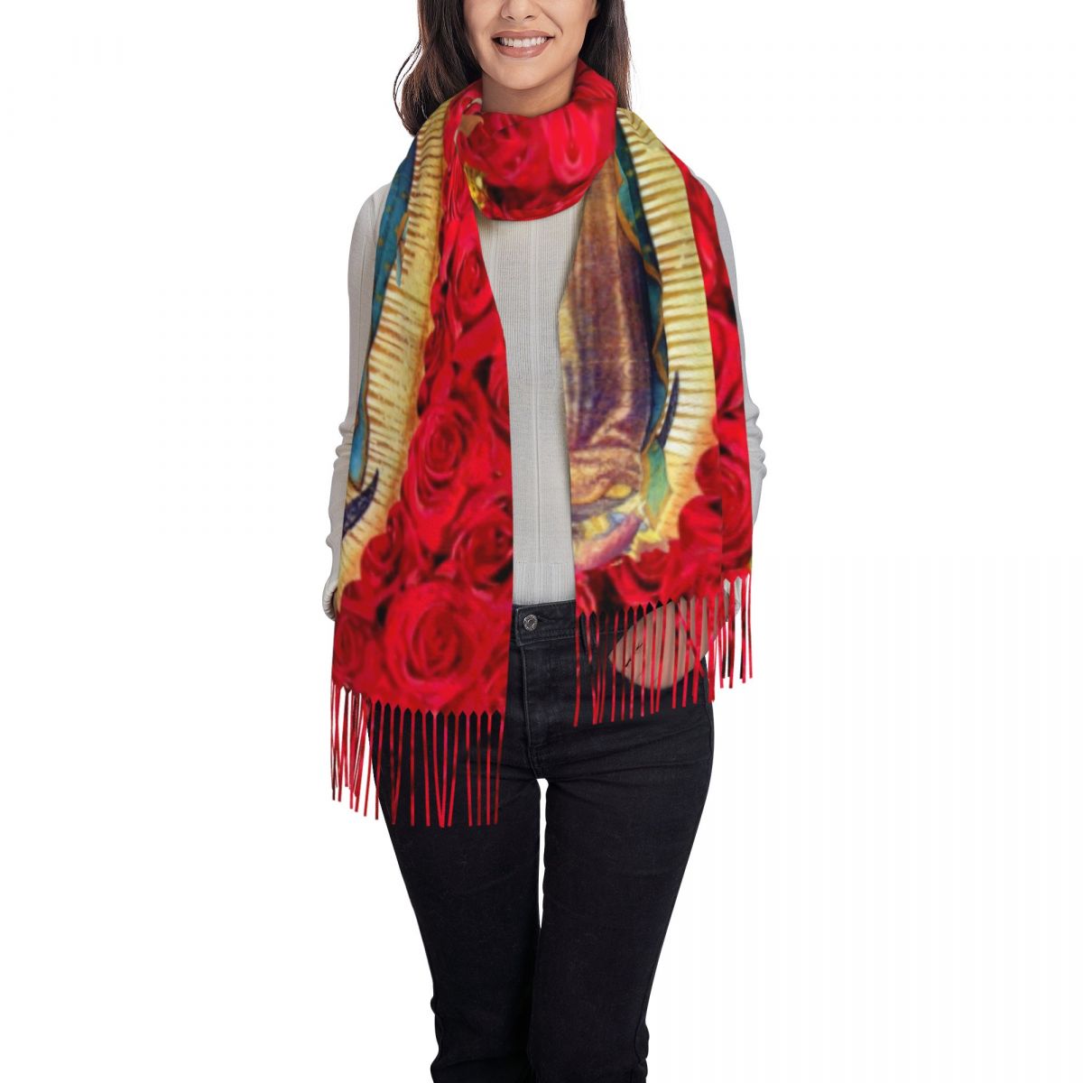 Écharpe Personnalisée Vierge Marie avec Fleurs pour Femme, Long Châle Chaud, Unisexe, Catholique, Rond, Hiver, Automne