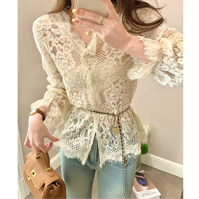 Économie en dentelle évidés pour femmes, manches longues, col en V, mince, monochromatique, chic, vintage, décontracté, sexy, printemps, automne, vêtements pour femmes, 2024