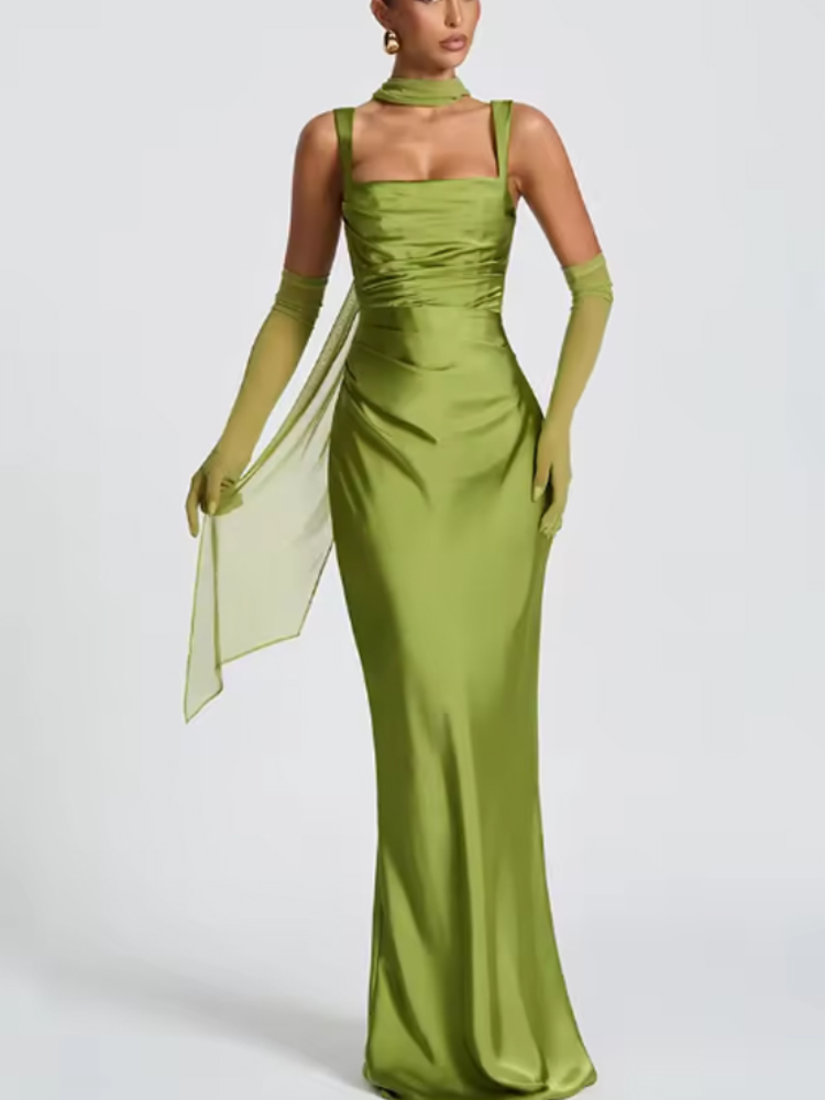 Robe longue plissée à col écharpe pour femmes, élégante, Sexy, couleur unie, sans manches, épaules dénudées, Slim, robe de soirée, 2026