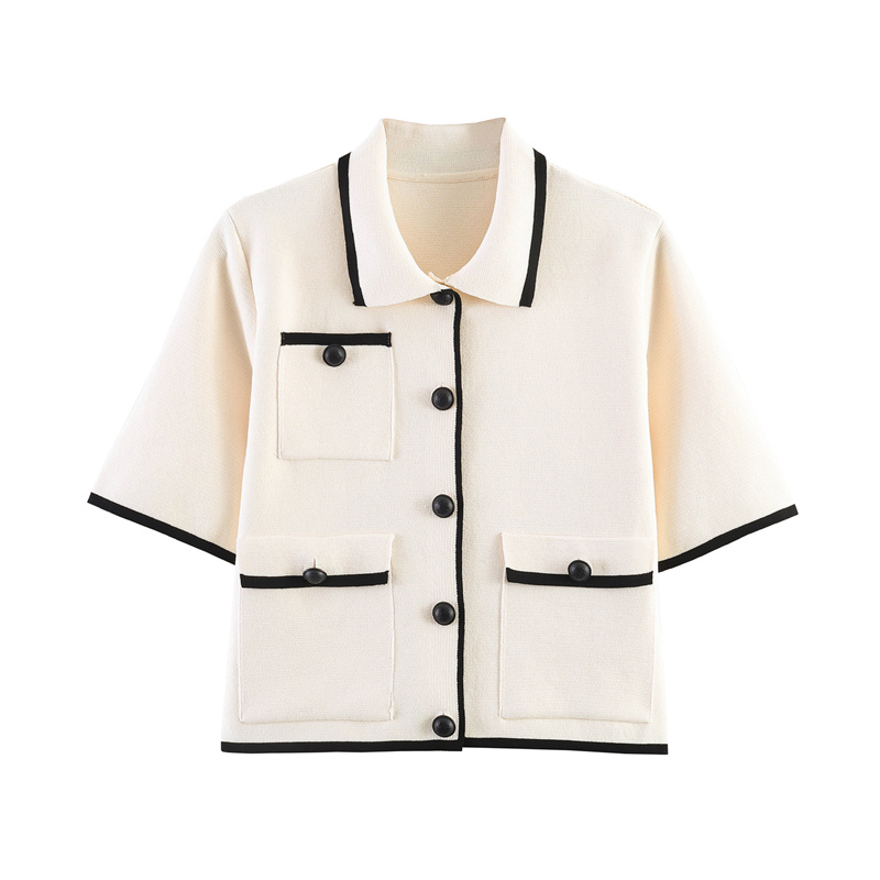 Manteau Femme 2026 Nouvelle Collection Été Blanc Manches Courtes Décor Contraste de Couleurs Style Socialite Tricoté Élégant et Tendance
