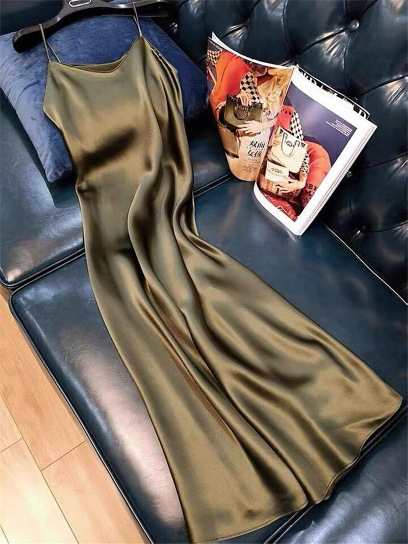 Robe longue en satin pour femme, sans manches, col en V, couleur unie, élégante, style vintage, bretelles spaghetti, été 2026