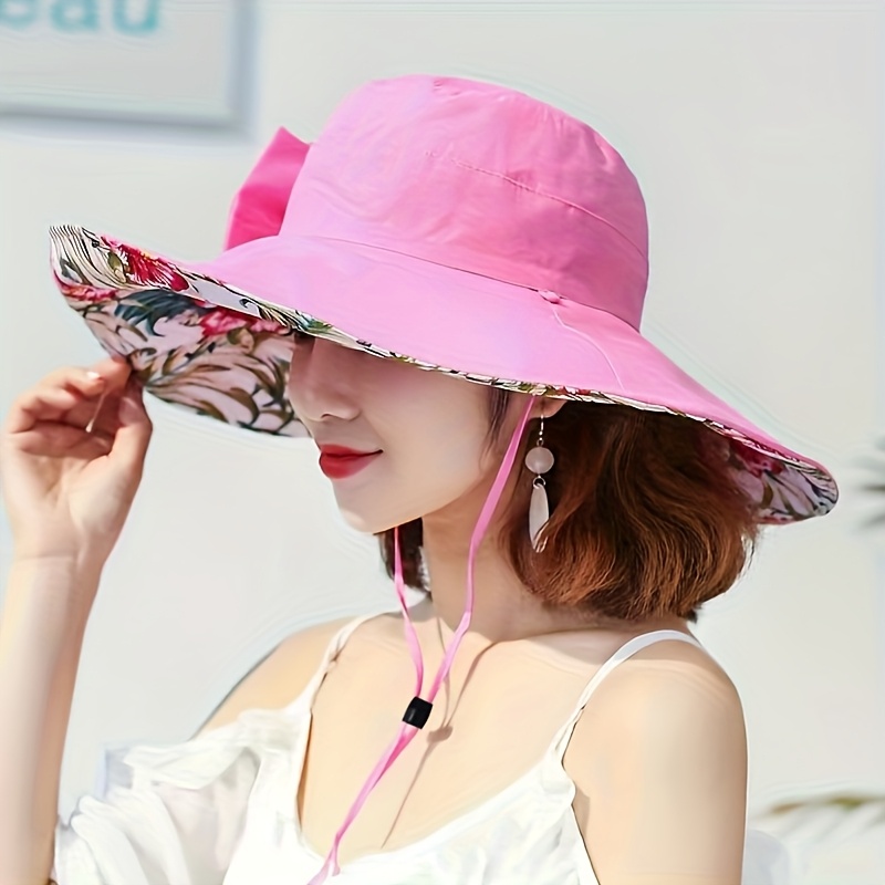 Chapeau de plage d'été style européen et américain, chapeau de soleil arc-en-ciel double face, chapeau de pêcheur à nœud, chapeau d'extérieur à bord large