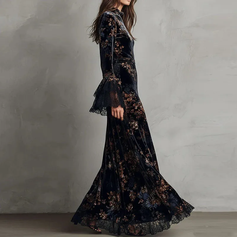 Robe longue en velours à imprimé floral rétro BWQ pour femme, robe de soirée sexy à col rond et taille haute, robe maxi à manches longues et dentelle pour l'automne