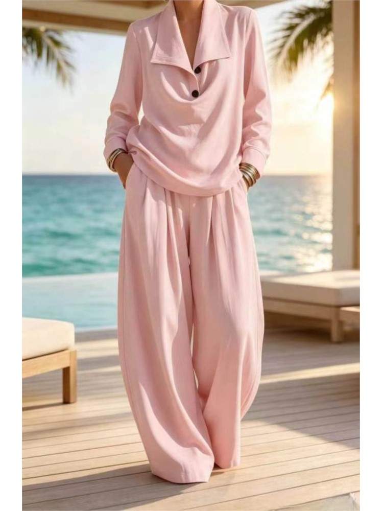 Ensemble 2 pièces pour femmes, chemisier à col à revers et manches longues, pantalon large, décontracté, blanc, idéal pour les vacances à la plage.