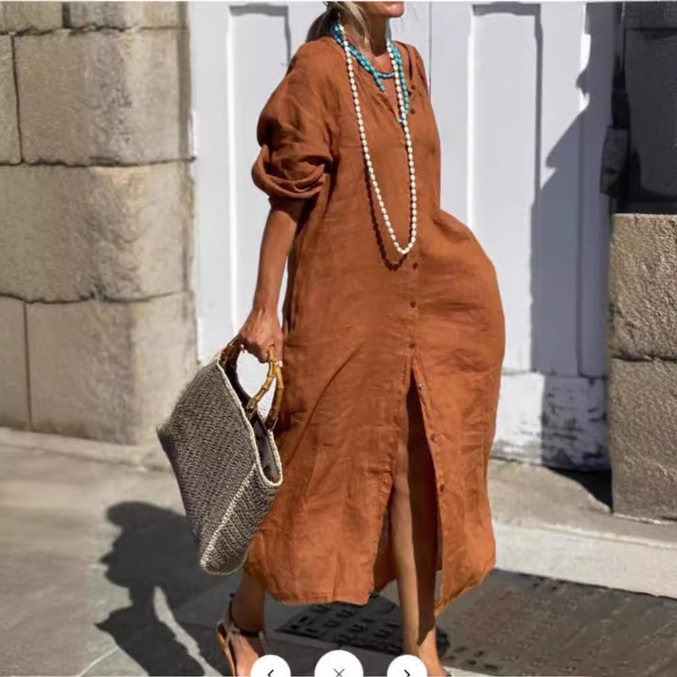 Robes pour femmes 2026 Nouveauté en coton et lin, simples, amples, à manches longues, boutonnées, à points ouverts, couleur unie, longues, vêtements féminins, vestidos