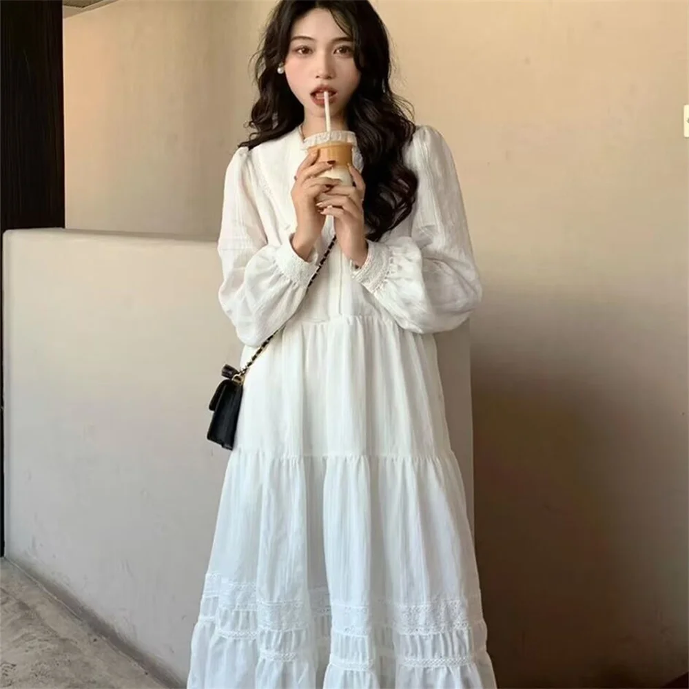 Mode coréenne Simple étudiant robe blanche robe mi-longue femmes doux ample à volants Style français décontracté vacances lanterne manches doux