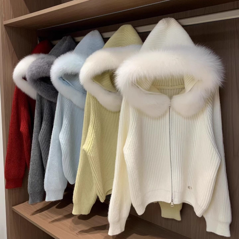 Manteau tricoté à manches longues pour femme, élégant, décontracté, fermeture éclair, à capuche, chaud, doux, Vintage, ample, col en fourrure, nouvelle collection hiver