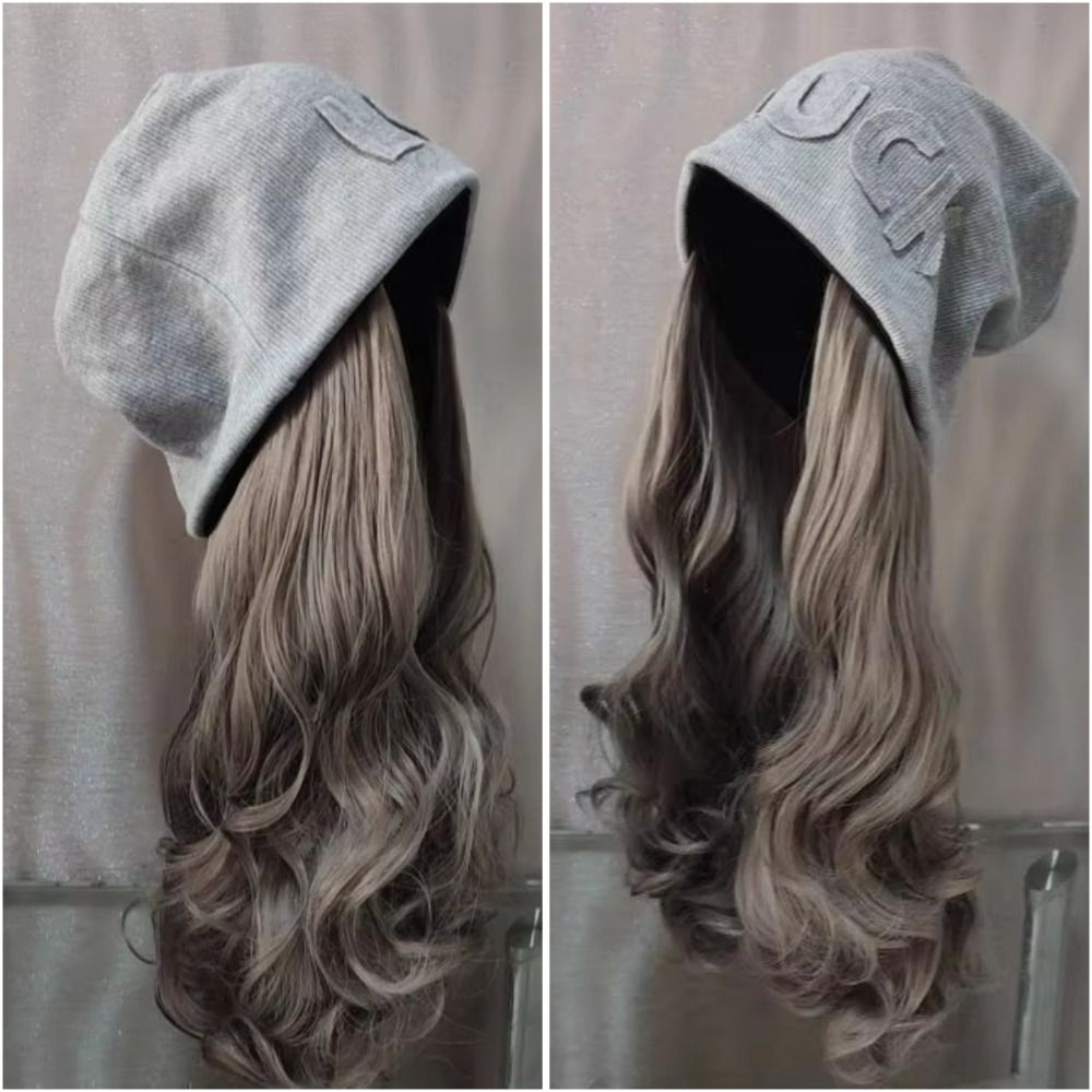 Automne hiver cheveux longs ondulés bonnet chapeau avec perruque attaché perruque décontractée bonnet tricoté perruque de cheveux chauds chapeaux d'hiver femmes
