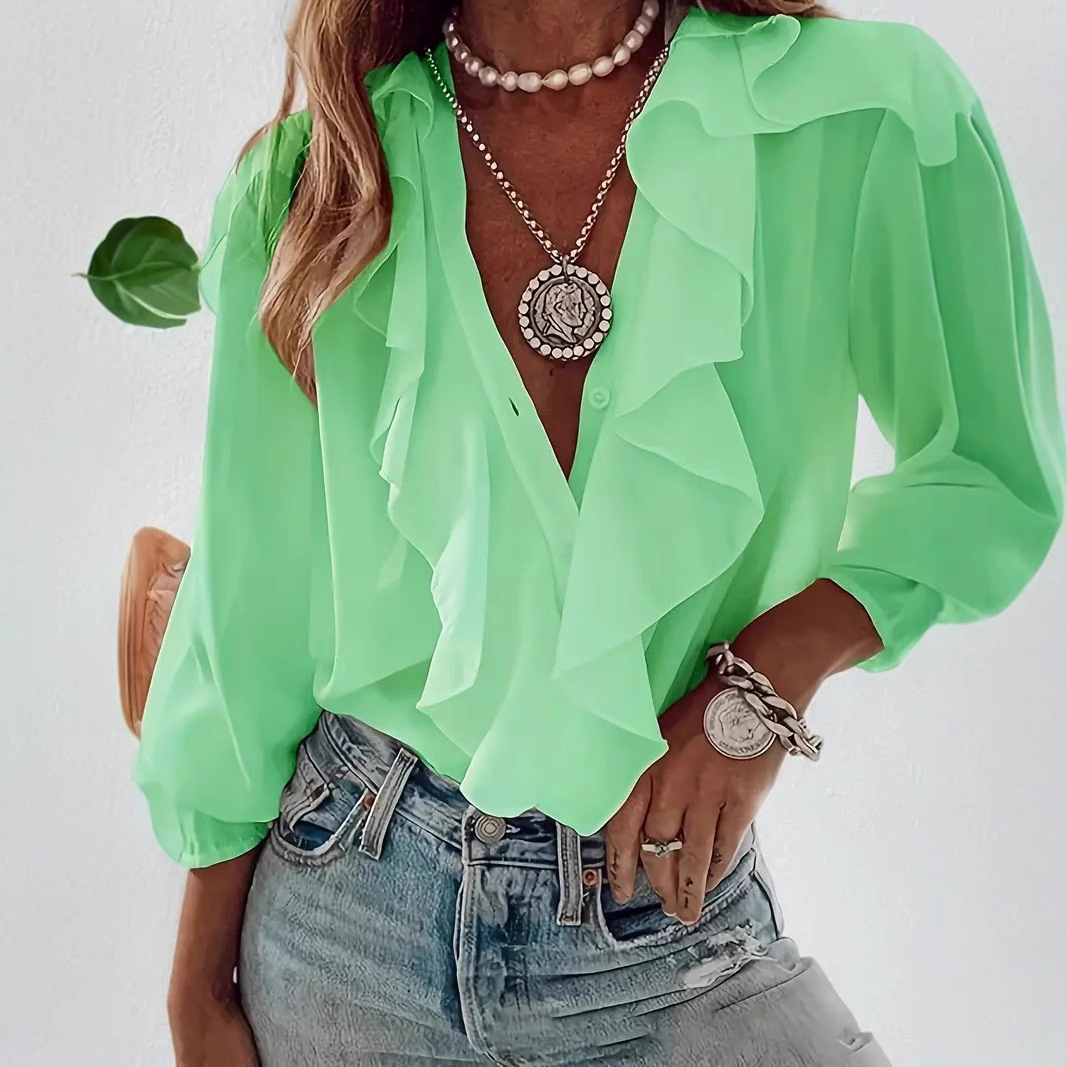 Chemise femme col en v à manches longues haut volant printemps été mode élégant solide bureau vacances chemises décontractées vêtements pour femmes