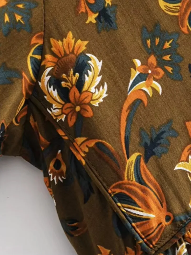 Robe maxi en coton rayonne à manches longues pour femmes, imprimé floral ethnique, robe de plage bohème, col à cravate pour dames, robe d'été vintage Boho